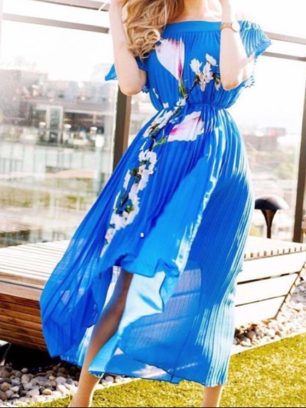 Ted Baker Cobalt Blue Off-Shoulder Pleated High-Low Floral Dress - Picture 2 of 14